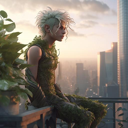 A handsome anthropomorphic tall, white-haired muscular rat boy, a harmoniously built cyberpunk cryptid, descends at sunset from the roof of a futuristic 100-story building covered with lianas and greenery, onto a glass balcony, where a pretty swarthy girl with blue curly hair is waiting for him, 16K, UHD, octane render, pro vfx, hyperrealistic, quantum mechanics, 8k post-processing, ray tracing, best computer graphics, maximum detail --q 2 --v 5.1 --s 250