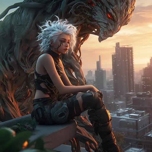 A handsome anthropomorphic tall, white-haired muscular rat boy, a harmoniously built cyberpunk cryptid, descends at sunset from the roof of a futuristic 100-story building covered with lianas and greenery, onto a glass balcony, where a pretty swarthy girl with blue curly hair is waiting for him, 16K, UHD, octane render, pro vfx, hyperrealistic, quantum mechanics, 8k post-processing, ray tracing, best computer graphics, maximum detail --q 2 --v 5.1 --s 250