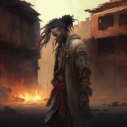 A handsome man with burnt bronze skin tone and dreadlocks, wearing samurai attire, walking through a desolate town with abandoned cars and homes. Realistic