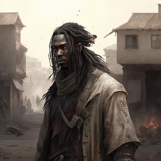 A handsome man with burnt bronze skin tone and dreadlocks, wearing samurai attire, walking through a desolate town with abandoned cars and homes. Realistic