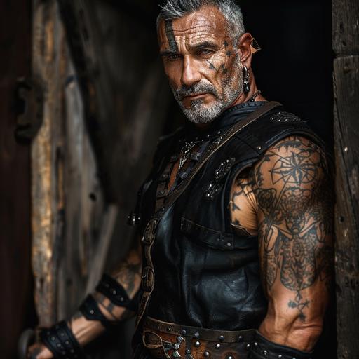 A handsome, muscular older man with tattoos and scars, salt and pepper hair, wearing sleeveless black leather medieval outfit --v 6.0