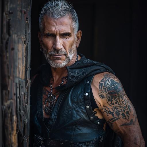 A handsome, muscular older man with tattoos and scars, salt and pepper hair, wearing sleeveless black leather medieval outfit --v 6.0