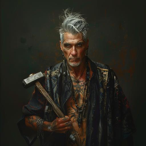 A handsome olive skinned man in his late forties, with silver hair, holding a maul, lots of tattoos and piercings, wearing ragged soot covered clothing, fantasy --v 6.0