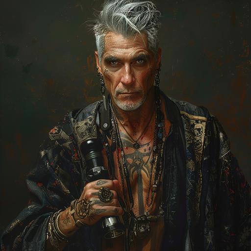 A handsome olive skinned man in his late forties, with silver hair, holding a scope, lots of tattoos and piercings, wearing ragged soot covered clothing, fantasy --v 6.0
