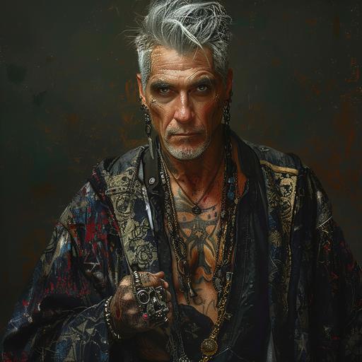 A handsome olive skinned man in his late forties, with silver hair, holding a tool, lots of tattoos and piercings, wearing ragged soot covered clothing, fantasy --s 250 --v 6.0