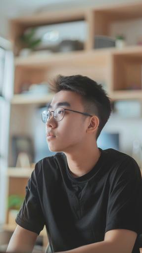 A handsome young Chinese guy wearing a T-shirt is sitting at the desk and watching a video on deep learning. photographic --ar 9:16