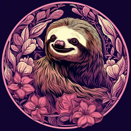 A happy Sloth illustration, Purple and pink aesthetic, Vintage, 1940s sticker, round shaped, in a floral circle frame, Art Nouveau style with long, sinuous lines, asymmetry, and natural objects such as vines, insect wings, and flower stalks, exotic, extravagant, geometric forms, maori patterns and motifs, intricate, contrasting, bold color, natural color, detail and patterns.
