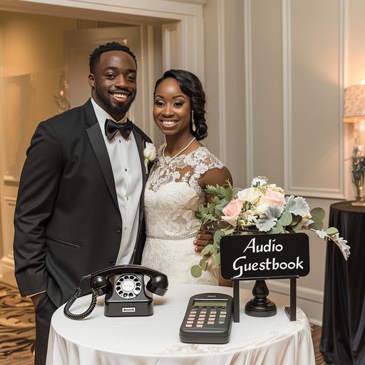 A happy african american couple at a wedding is standing in front of a small round cocktail table covered with a white table cloth. There is a vintage black telephone sitting on top of the table. A small sign that says 