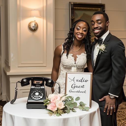 A happy african american couple at a wedding is standing in front of a small round cocktail table covered with a white table cloth. There is a vintage black telephone sitting on top of the table. A small sign that says 