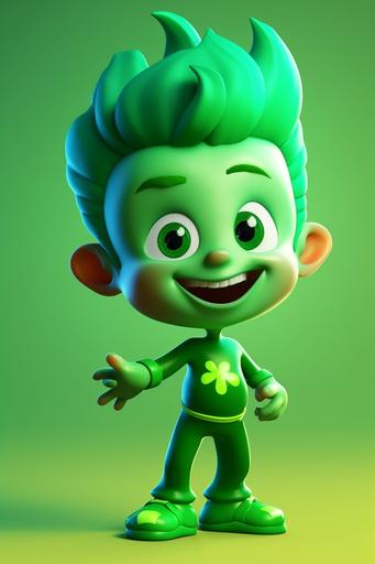 A happy and kawaii cartoon shamrock character::2 wearing a superhero outfit, cute, adorable, happy:: by Pixar:: Text, word, title, phrase, font, letters, names, slogan, frame, signature, watermark, caption, legend::-0.5 --ar 2:3 --v 5