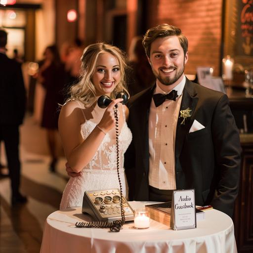 A happy couple at a wedding is standing in front of a small round cocktail table covered with a white table cloth that has a vintage telephone sitting on top and a small sign that says 