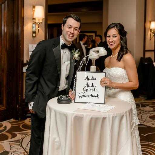 A happy couple at a wedding is standing in front of a small round cocktail table covered with a white table cloth that has a vintage telephone sitting on top and a small sign that says 