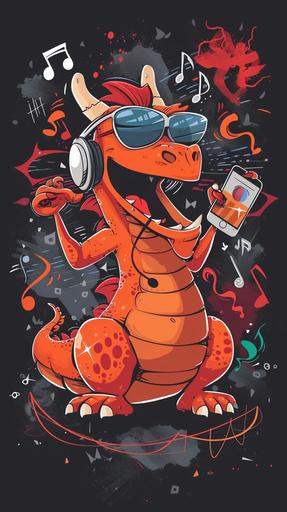 A happy dragon who loves music, wearing sunglasses and headphones, holding a mobile phone in his hand, background: music symbols graphic design, cartoon, abstractionist, --ar 9:16 --v 6.0