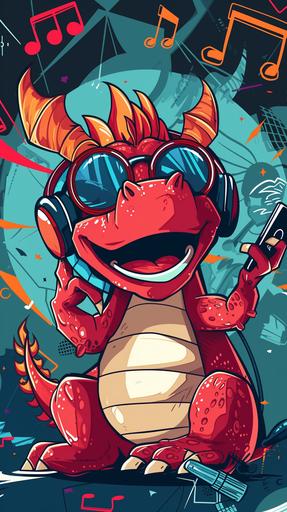 A happy dragon who loves music, wearing sunglasses and headphones, holding a mobile phone in his hand, background: music symbols graphic design, cartoon, abstractionist, disney, Cartoon, Manga, --ar 9:16 --v 6.0