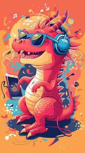 A happy dragon who loves music, wearing sunglasses and headphones, holding a mobile phone in his hand, background: music symbols graphic design, cartoon, abstractionist, --ar 9:16 --v 6.0