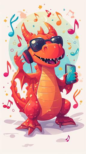 A happy dragon who loves music, wearing sunglasses and headphones, holding a mobile phone in his hand, background: music symbols graphic design, cartoon, abstractionist, disney, Cartoon, Manga, --ar 9:16 --v 6.0