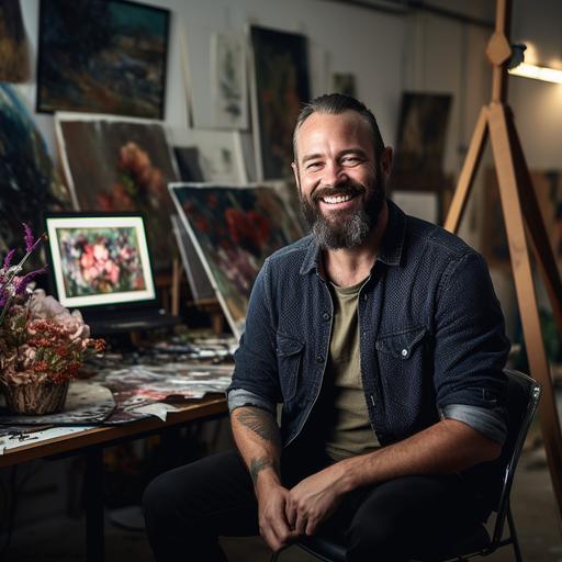 A happy, smiling person is sitting in an artist's studio. There are paintings on easels blurred out in the background. The happy, smiling person is looking at a laptop computer. On the computer screen is a social media network. There is a still life painting on an easel in the background. Volumetric lighting, photographic, ultra realistic, beautiful lighting, shafts of light, dramatic lighting --v 5.1