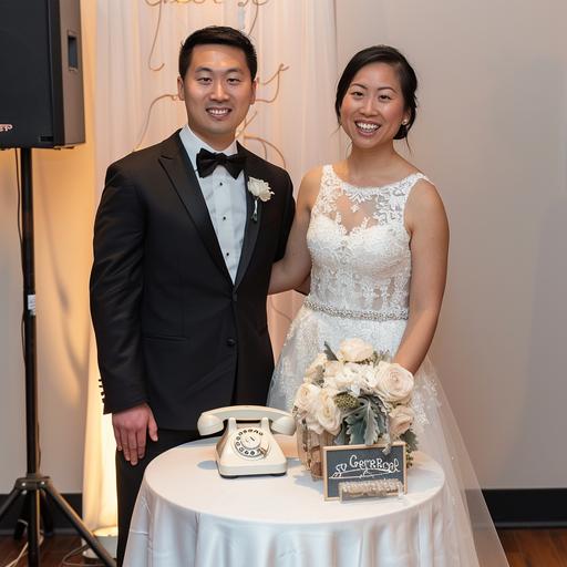 A happy wedding couple standing in front of a small round cocktail table covered with a white table cloth that has a vintage telephone sitting on top and a small sign that says Audio Guestbook.
