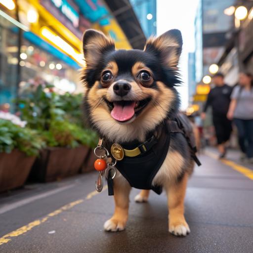 A healthy black and brown chubby Chihuahua walking at the Tsim Sha Tsui in Hong Kong