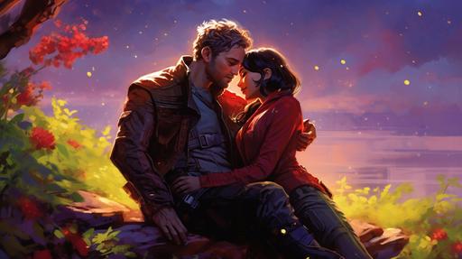 A heartwarming and vibrant illustration of Star Lord and Gamora from the Guardians of the Galaxy, sharing a tender and intimate moment amidst the backdrop of a breathtaking cosmic landscape. This scene captures the chemistry and deep connection between the two characters, celebrating their love and companionship as they journey through the vast expanse of the universe. Star Lord, wearing his signature red leather jacket and iconic helmet, is shown with one arm wrapped around Gamora, his fingers gently brushing her emerald green hair. His other hand holds a vintage cassette player, the source of an uplifting, nostalgic tune that fills the air around them. Gamora, the deadly and skilled warrior, appears more relaxed and at ease in Star Lord's embrace. She's clad in her sleek, form-fitting battle armor, yet her usually stern expression is replaced with a tender smile as she gazes into Star Lord's eyes. The couple is framed by a stunning cosmic vista, complete with swirling nebulas, sparkling stars, and vibrant, otherworldly hues. The scene captures the essence of their adventures together, highlighting the beauty and excitement of the infinite universe they explore as part of the Guardians of the Galaxy. In the background, the Milano, their trusty spaceship, can be seen hovering gracefully, a testament to their shared experiences and the countless missions they've embarked upon together. This captivating and romantic illustration of Star Lord and Gamora offers a poignant glimpse into their relationship, showcasing the love and trust that has grown between them despite their vastly different backgrounds and the challenges they've faced together. --ar 16:9 --ar 2:3 --q 5 --v 5.1