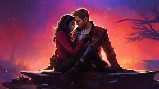 A heartwarming and vibrant illustration of Star Lord and Gamora from the Guardians of the Galaxy, sharing a tender and intimate moment amidst the backdrop of a breathtaking cosmic landscape. This scene captures the chemistry and deep connection between the two characters, celebrating their love and companionship as they journey through the vast expanse of the universe. Star Lord, wearing his signature red leather jacket and iconic helmet, is shown with one arm wrapped around Gamora, his fingers gently brushing her emerald green hair. His other hand holds a vintage cassette player, the source of an uplifting, nostalgic tune that fills the air around them. Gamora, the deadly and skilled warrior, appears more relaxed and at ease in Star Lord's embrace. She's clad in her sleek, form-fitting battle armor, yet her usually stern expression is replaced with a tender smile as she gazes into Star Lord's eyes. The couple is framed by a stunning cosmic vista, complete with swirling nebulas, sparkling stars, and vibrant, otherworldly hues. The scene captures the essence of their adventures together, highlighting the beauty and excitement of the infinite universe they explore as part of the Guardians of the Galaxy. In the background, the Milano, their trusty spaceship, can be seen hovering gracefully, a testament to their shared experiences and the countless missions they've embarked upon together. This captivating and romantic illustration of Star Lord and Gamora offers a poignant glimpse into their relationship, showcasing the love and trust that has grown between them despite their vastly different backgrounds and the challenges they've faced together. --ar 16:9 --ar 2:3 --q 5 --v 5.1