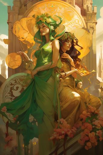 A heavenly women's tempe where beautiful shamrock goddesses attend as attractive shamrock worshipers, female perfect full body of goddesses portrayed by Artgerm and WLOP and Ross Tram and sakimichan and Alphonse Mucha, sacred academy, heavenly clock tower, divine courtyard, perfect sunlight --ar 2:3 --q 5 --v 5