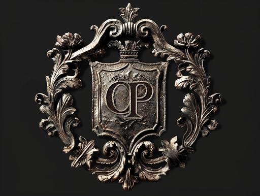 A heraldic coat of arms as a logo with intricate embellishments and the letters C and P within the crest. Computer generatet logo style, raw texture, transparent background --ar 4:3 --style raw --v 6.0