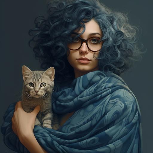 A heroine with a cape and blue curly hair with a kitten with glasses on her shoulder, photorealist, 8k, ultra detailed