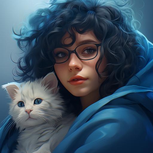 A heroine with a cape and blue curly hair with a kitten with glasses on her shoulder, photorealist, 8k, ultra detailed