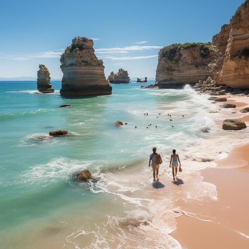 A high angle photograph showing the The Algarve beach with a family in its coast. The picture should show blue skies, crystal clear waters and pristine sandy beaches. It could also include a dolphin in the water and families/couples walking in the beach or doing paddle --s 750 --v 5.2