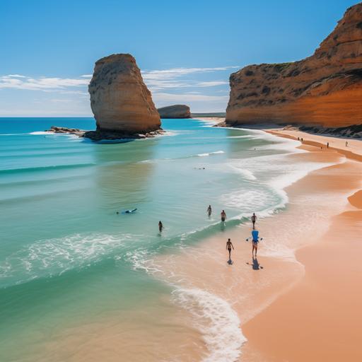 A high angle photograph showing the The Algarve beach with a family and dolphins in its coast. The picture should show blue skies, crystal clear waters and pristine sandy beaches. It could also include a dolphin in the water and families/couples walking in the beach or doing paddle --s 750 --v 5.2