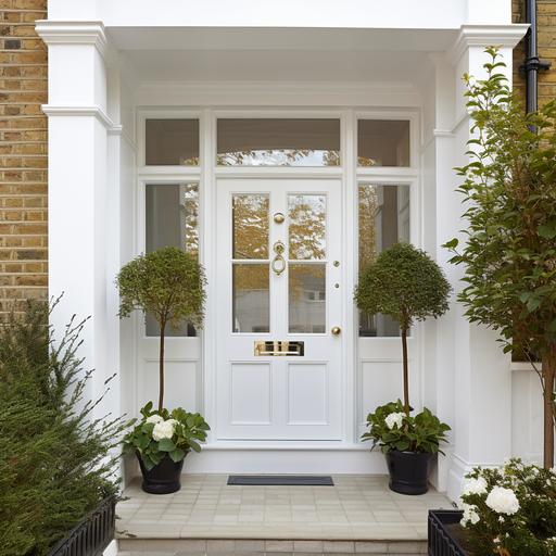 A high gloss white front door on a Edwardian Terraced house in Chelsea