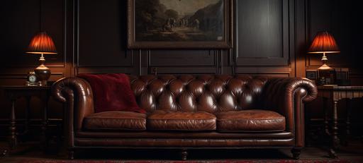 A high quality almost photograph, A leather dark brown sofa with a table in front, highly detailed ,8k, --ar 20:9