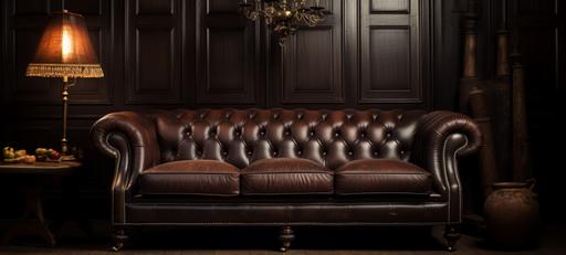 A high quality almost photograph, A leather dark brown sofa with a table in front, highly detailed ,8k, --ar 20:9
