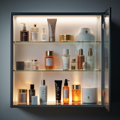 A high resolution - ar 4:5 - hyper photo realistic close up image of a medicine cabinet with glass shelves that is being lit from behind. There are 6 bottles and tubes of skincare products on the shelf. All items are slightly shadowed because of the back light. The bottles and jars on the shelves are made of opaque glass, plastic, and transparent glass. the overal color tone and hue is warmer using browns and reds and deep yellows. There is no writing or logos on any of the products.