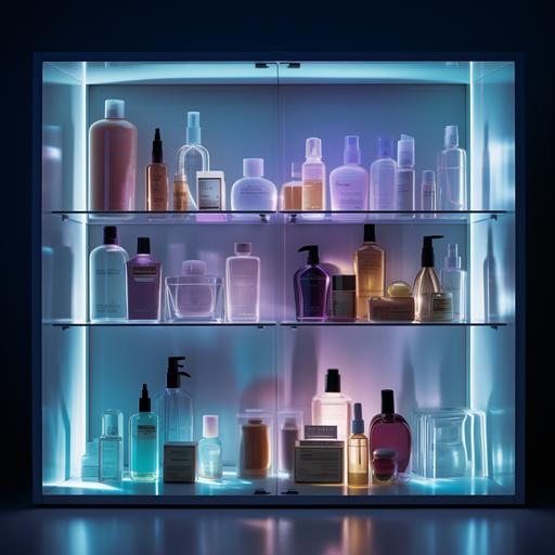 A high resolution ar 4:5 image of a medicine cabinet with glass shelves that is being lit from behind. There are 6 bottles and tubes of skincare products on the shelf. All items are slightly shadowed because of the back light. The bottles and jars on the shelves are made of opaque glass, plastic, and transparent glass. the overal color tone and hue is warmer using browns and reds and deep yellows. There is no writing or logos on any of the products.