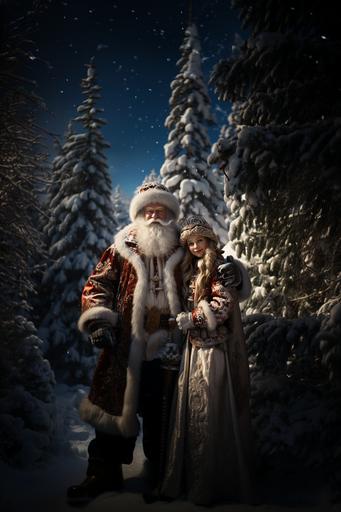 A high-resolution commercial photograph in which, on a clear, fine day, a snow-covered forest without streams sparkles in the sun, in the foreground is a tall, beautiful, well-proportioned Christmas tree, decorated with toys and garlands, and next to the tree is Father Frost and his granddaughter Snow Maiden --ar 2:3 --s 750 --v 5.2