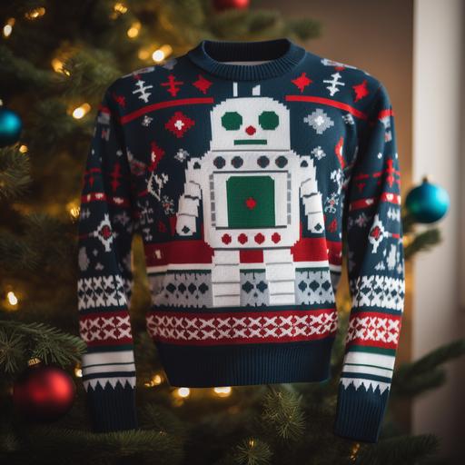 A high-tech robot, designed for the future, unexpectedly dressed in an ugly sweater. The sweater features a pixelated snowman and Christmas trees, contrasting with the robot's sleek, metallic design. It's a humorous juxtaposition that showcases the robot engaging in human holiday traditions. --v 5.0