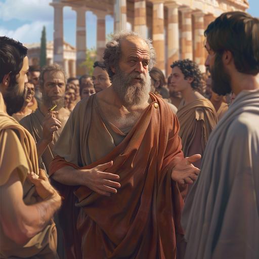 A highly detailed, hyper-realistic photograph of Socrates deeply engaged in conversation with his students, including Plato, set in a public square of ancient Athens around 300 BC. The image captures the essence of the philosophical debate, with Socrates gesturing expressively as he shares his wisdom, surrounded by attentive students. The environment is authentic to the period, featuring classical architecture, marble columns, and the bustling atmosphere of ancient Athens. The lighting is natural, mimicking the soft, diffused light of a Mediterranean afternoon. The image quality is equivalent to a photo taken with a Canon EOS R5, F1.2, ISO100, at 35mm, offering full HD clarity and rich, accurate colors. The composition is dynamic, with a focus on the interaction between Socrates and Plato among the group, inviting the viewer into the heart of the philosophical discourse.