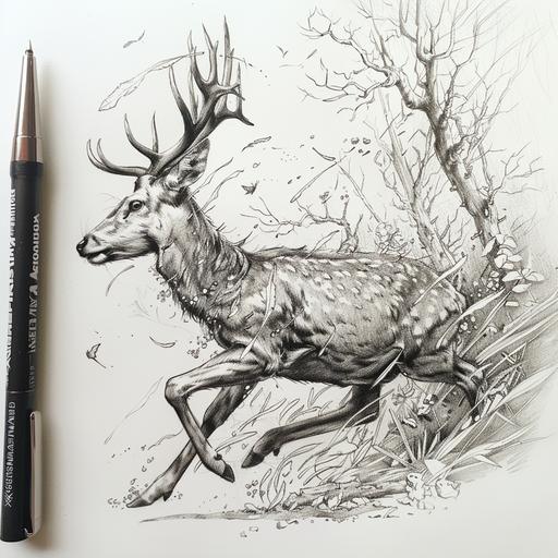 A highly detailed pen sketch of a deer running through the forest --v 6.0