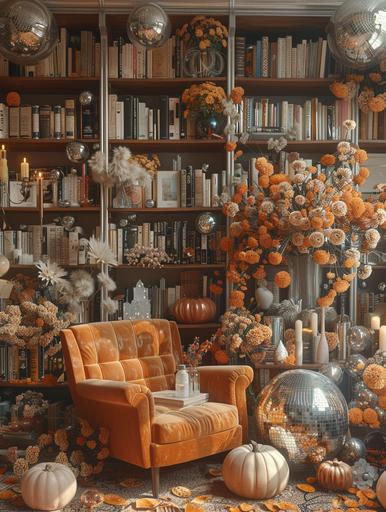 A highly detailed photograph of a library room that has a retro but futuristic vibe. All the books are in earth tones, and there are other objects on the book shelves as well, including disco balls, pumpkin, candles, crystals and vases of autumn florals. There's a 1980s, modern arm chair in front of the book shelf. No person in sight. Shot Panavision PSR R-200 camera fitted with C Series glass. --s 250 --v 6.0 --ar 3:4