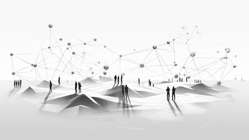 A highly minimalistic black and white illustration depicting the concept of a collaborative journey in the digital identity space. The design should feature simplistic line art with symbolic representations of blockchain connectivity, such as chains or links, and stylized figures standing together looking towards a horizon lined with digital elements, all rendered in a clean and modern style. --ar 16:9
