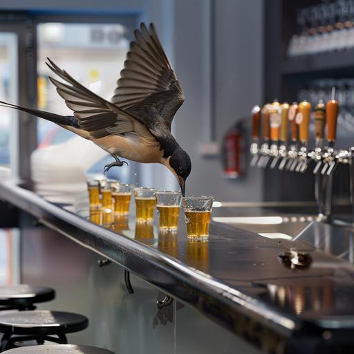 A highly realistic square photograph of a swallow bird perched on a bar stool at a busy bar counter. The bird's beak exudes a comic bubble, positioned at the top right corner of the image, which remains blank and ready for text to be added::9 On the bar counter are several shot glasses filled with vodka and a couple of beer mugs. The scene engenders an amusing and improbable moment in time, challenging the grandeur of nature with contemporary human habits in a setting usually reserved for people::7 The lighting is soft and delicate, enhancing the details of the swallow, the drink glasses, and the bar counter. Capture this scene with the Nikon D6 for its powerful 20.8MP full-frame CMOS sensor and EXPEED 6 image processor, capable of rendering sharp and realistic details. Use an f/8 aperture lens to ensure a clear focus across the scene while keeping in harmony with the bar's subdued ambiance. Illuminate with a bounce light for a soft, indirect illumination that gives a natural look to the scene. Once captured, apply a realism filter for a graphic finale --ar 1:1 --stylize 6.