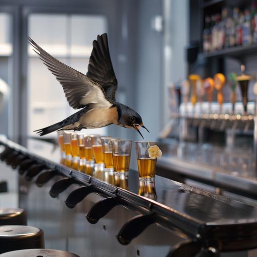 A highly realistic square photograph of a swallow bird perched on a bar stool at a busy bar counter. The bird's beak exudes a comic bubble, positioned at the top right corner of the image, which remains blank and ready for text to be added::9 On the bar counter are several shot glasses filled with vodka and a couple of beer mugs. The scene engenders an amusing and improbable moment in time, challenging the grandeur of nature with contemporary human habits in a setting usually reserved for people::7 The lighting is soft and delicate, enhancing the details of the swallow, the drink glasses, and the bar counter. Capture this scene with the Nikon D6 for its powerful 20.8MP full-frame CMOS sensor and EXPEED 6 image processor, capable of rendering sharp and realistic details. Use an f/8 aperture lens to ensure a clear focus across the scene while keeping in harmony with the bar's subdued ambiance. Illuminate with a bounce light for a soft, indirect illumination that gives a natural look to the scene. Once captured, apply a realism filter for a graphic finale --ar 1:1 --stylize 6.