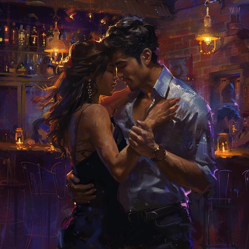 A hispanic male and female, aged mid twenties, are dancing romantically in a bar late at night. The girl has her arms around the man's neck. He has his arms around her waist. It should resemble a book cover, fabian perez style