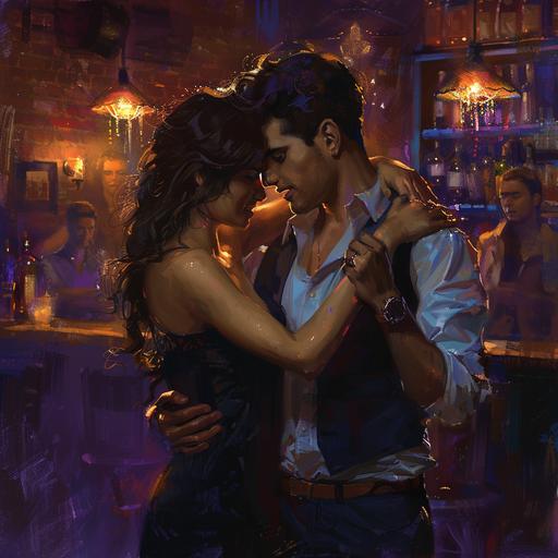 A hispanic male and female, aged mid twenties, are dancing romantically in a bar late at night. The girl has her arms around the man's neck. He has his arms around her waist. It should resemble a book cover, fabian perez style