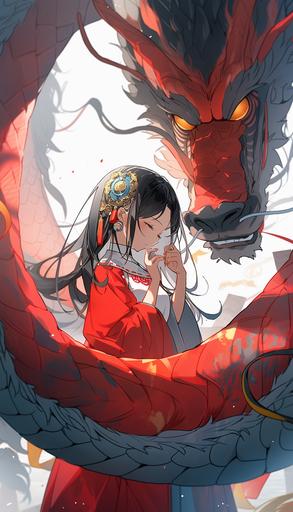 A hmong girl in blue clothes, silver jewelry, surrounded by a huge red dragon, with strong visual impact, fantasy Chinese style, Chinese dragon, Chinese fairy, clean background, brush stroke, exaggerated perspective, outline, outline, outline Shadow, strong sunlight,8k, strong color contrast, --upbeta --aspect 4:7 --niji 5 --v 5