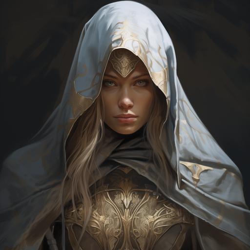 A hooded female spiritual warrior wearing spiritual armor ,Extremely Realistic