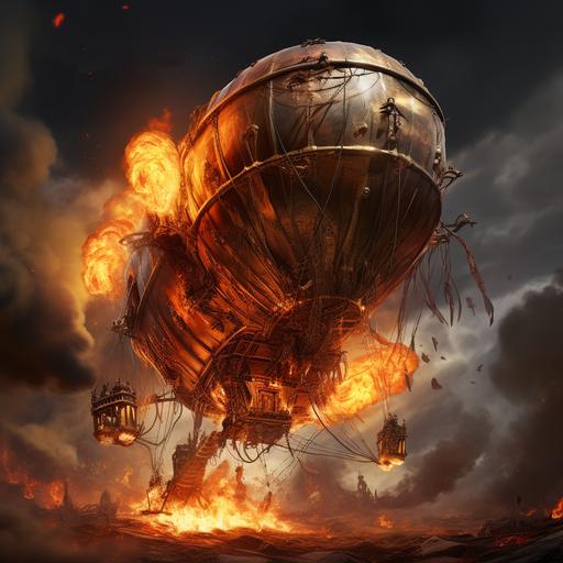 A hot air balloon explosively colliding with a zeppelin like the Hindenberg with lots of fire. Photorealistic, steampunk style