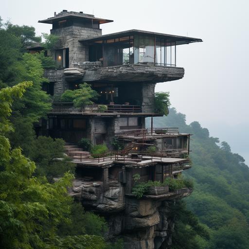 A huge brutalist and stone brick pagoda house that sits on a small mountain.